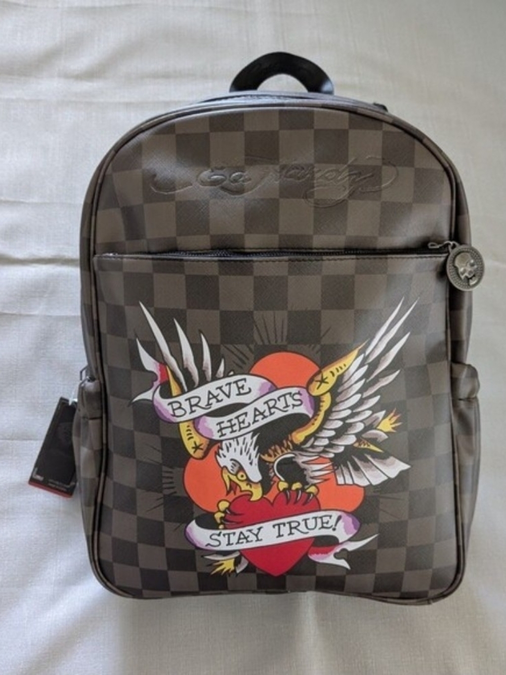 Ed Hardy Checkerd Eagle Tattoo Print Faux Leather Backpack NEW!